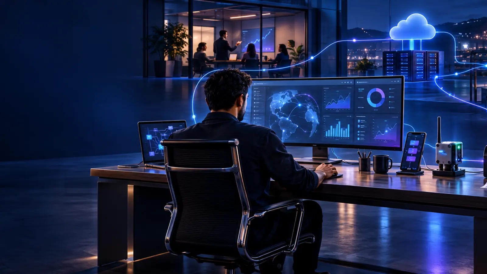 Profissional conecta inteligência artificial, dados operacionais, dispositivos, mensagens e automação em uma operação integrada